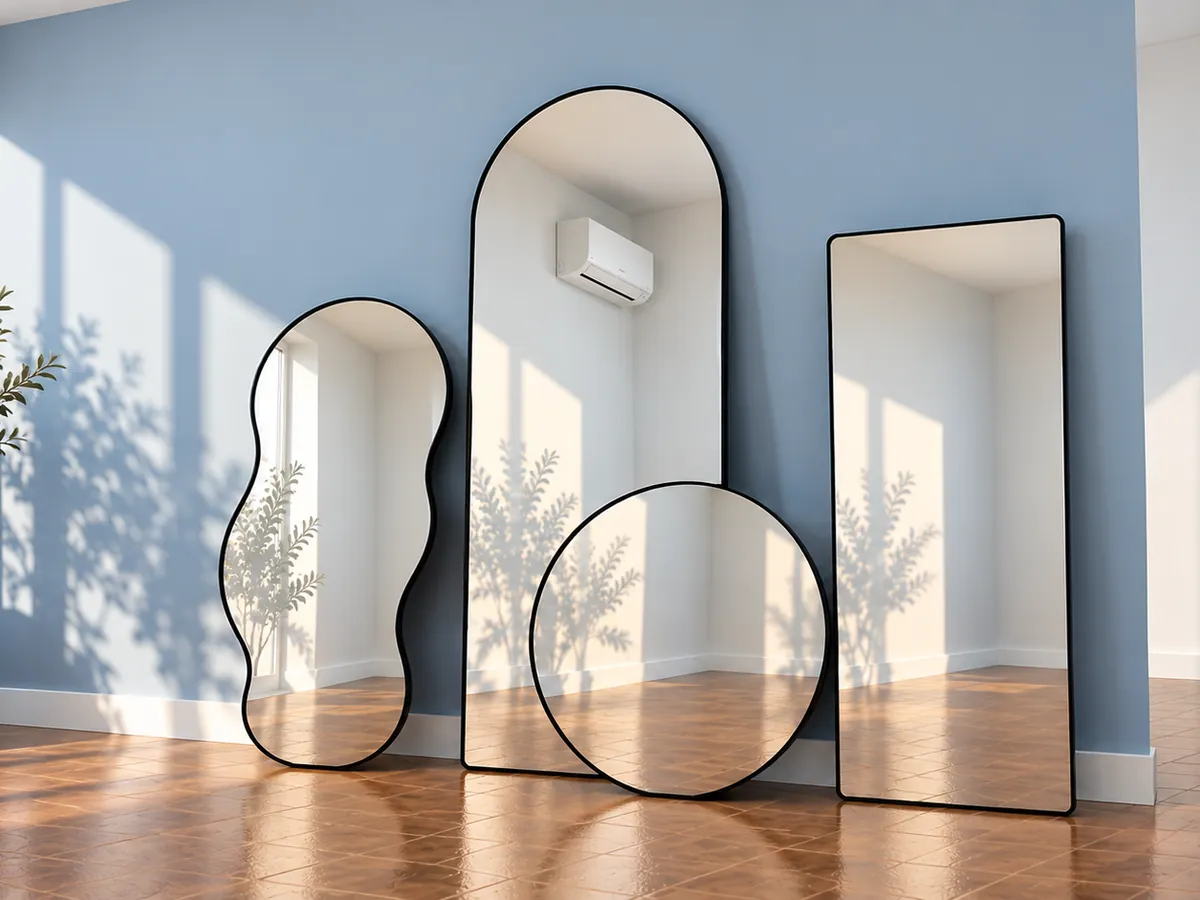 Cuatro espejos de distintas formas apoyados contra una pared celeste